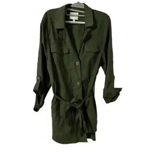 Torrid Womens 0X Army Green Linen Blend Button Front Shirt Jacket Belted EUC